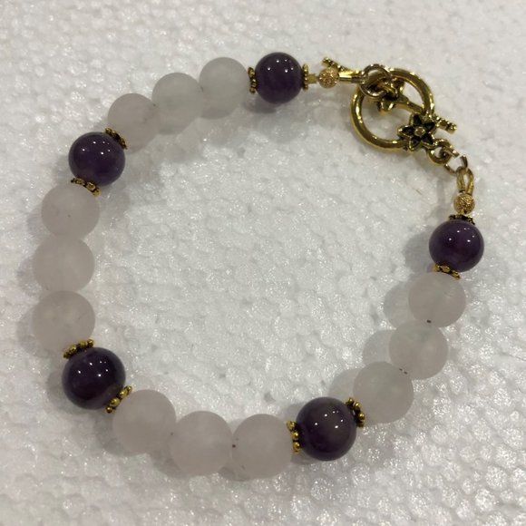 NEW Genuine Matte Rose Quartz & Amethyst crystal bracelet #1 - Picture 1 of 1